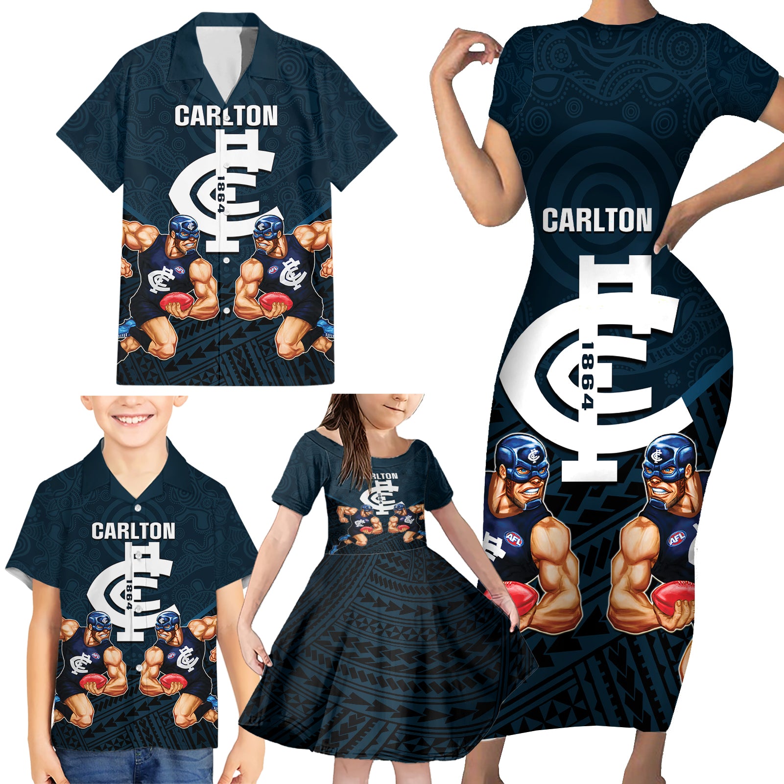 calrton-football-family-matching-short-sleeve-bodycon-dress-and-hawaiian-shirt-blues-go-champions-2023-polynesian-indigenous-art