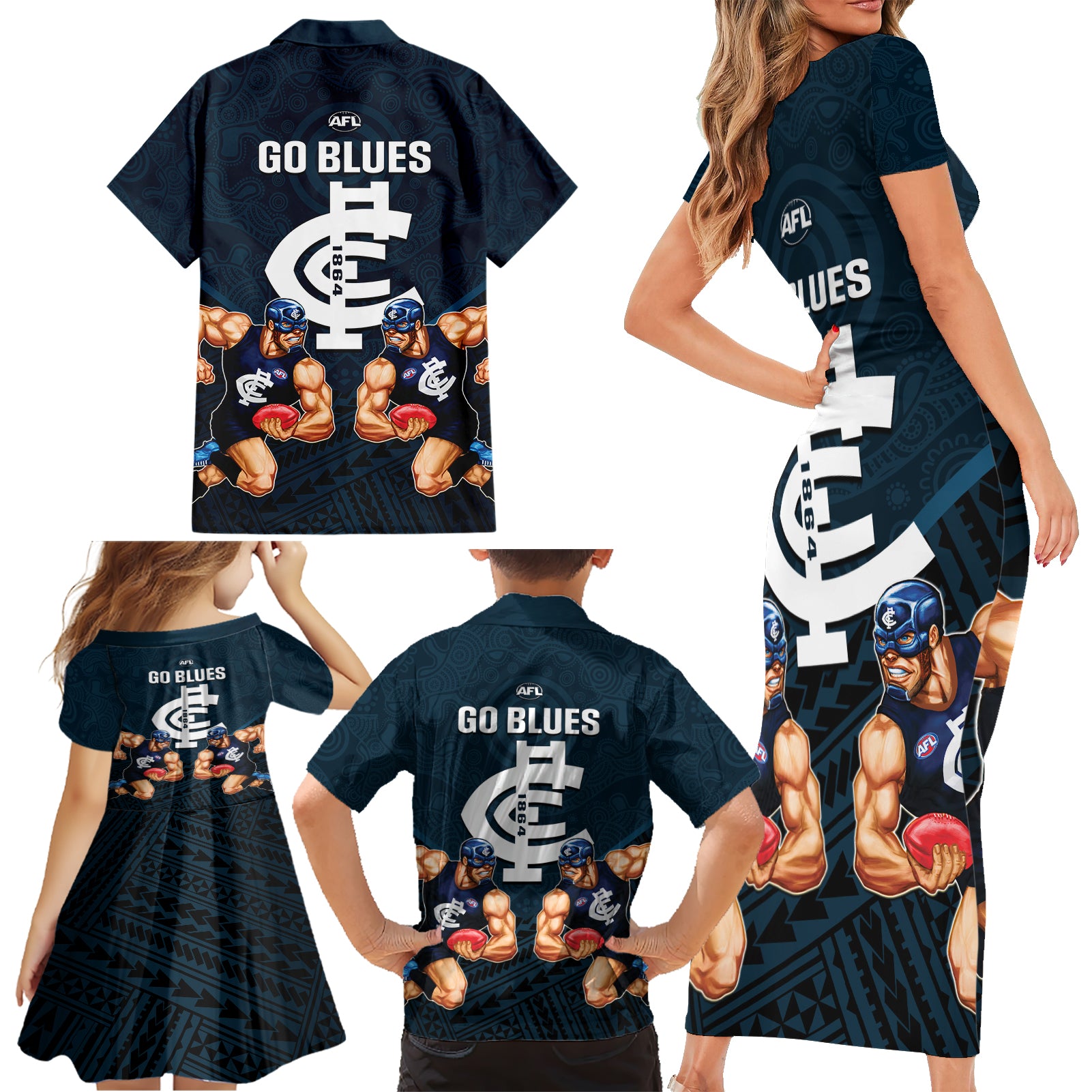 calrton-football-family-matching-short-sleeve-bodycon-dress-and-hawaiian-shirt-blues-go-champions-2023-polynesian-indigenous-art