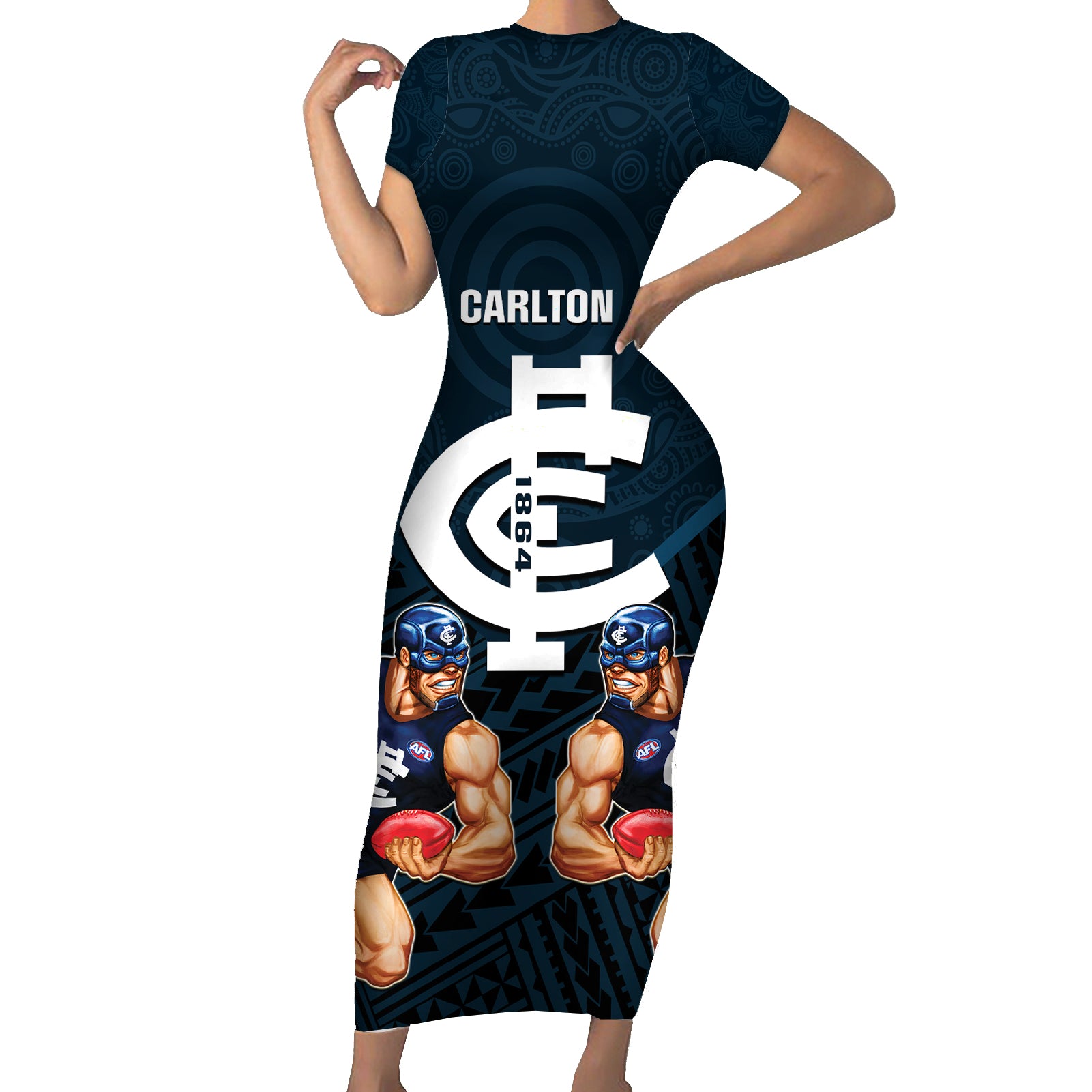 calrton-football-family-matching-short-sleeve-bodycon-dress-and-hawaiian-shirt-blues-go-champions-2023-polynesian-indigenous-art