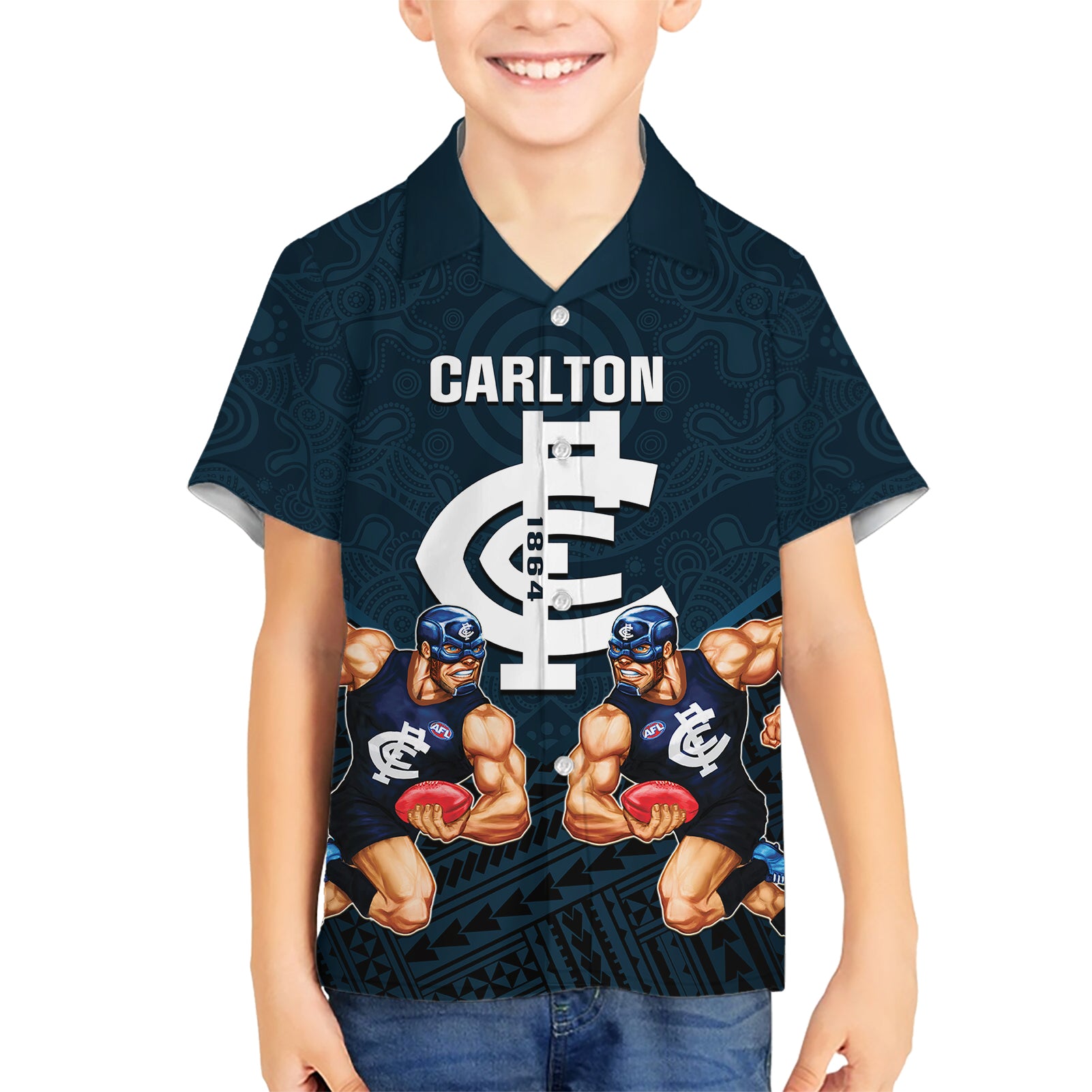 calrton-football-family-matching-short-sleeve-bodycon-dress-and-hawaiian-shirt-blues-go-champions-2023-polynesian-indigenous-art