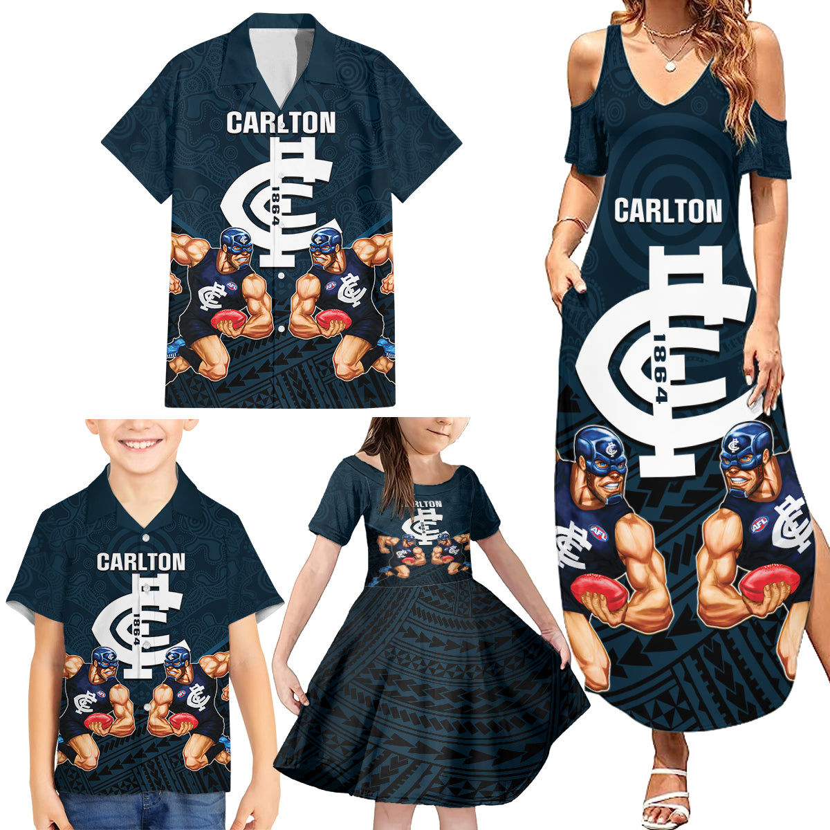 calrton-football-family-matching-summer-maxi-dress-and-hawaiian-shirt-blues-go-champions-2023-polynesian-indigenous-art