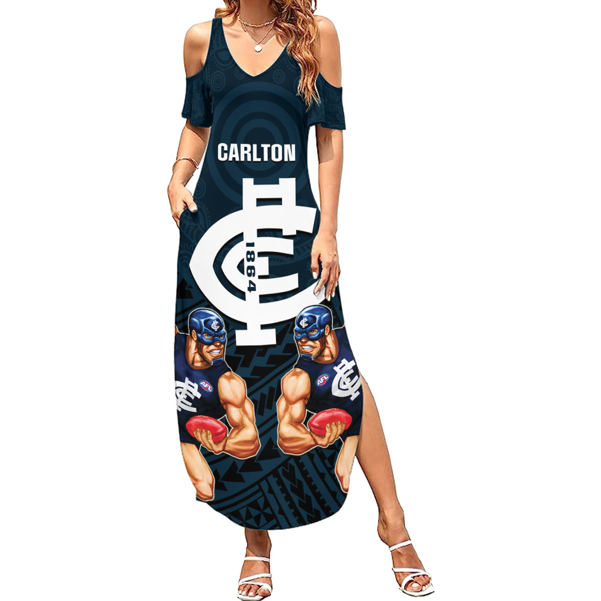 calrton-football-family-matching-summer-maxi-dress-and-hawaiian-shirt-blues-go-champions-2023-polynesian-indigenous-art