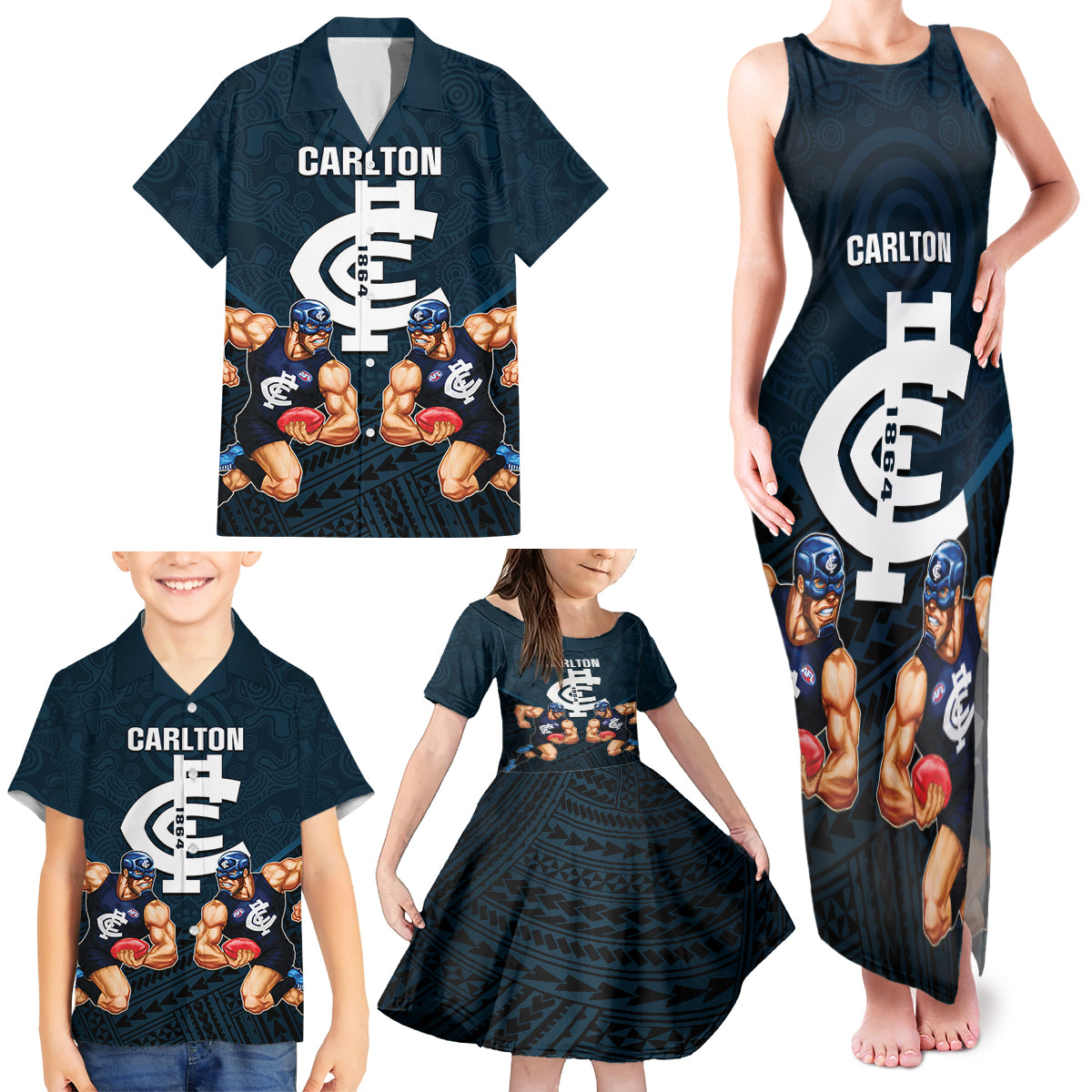 calrton-football-family-matching-tank-maxi-dress-and-hawaiian-shirt-blues-go-champions-2023-polynesian-indigenous-art