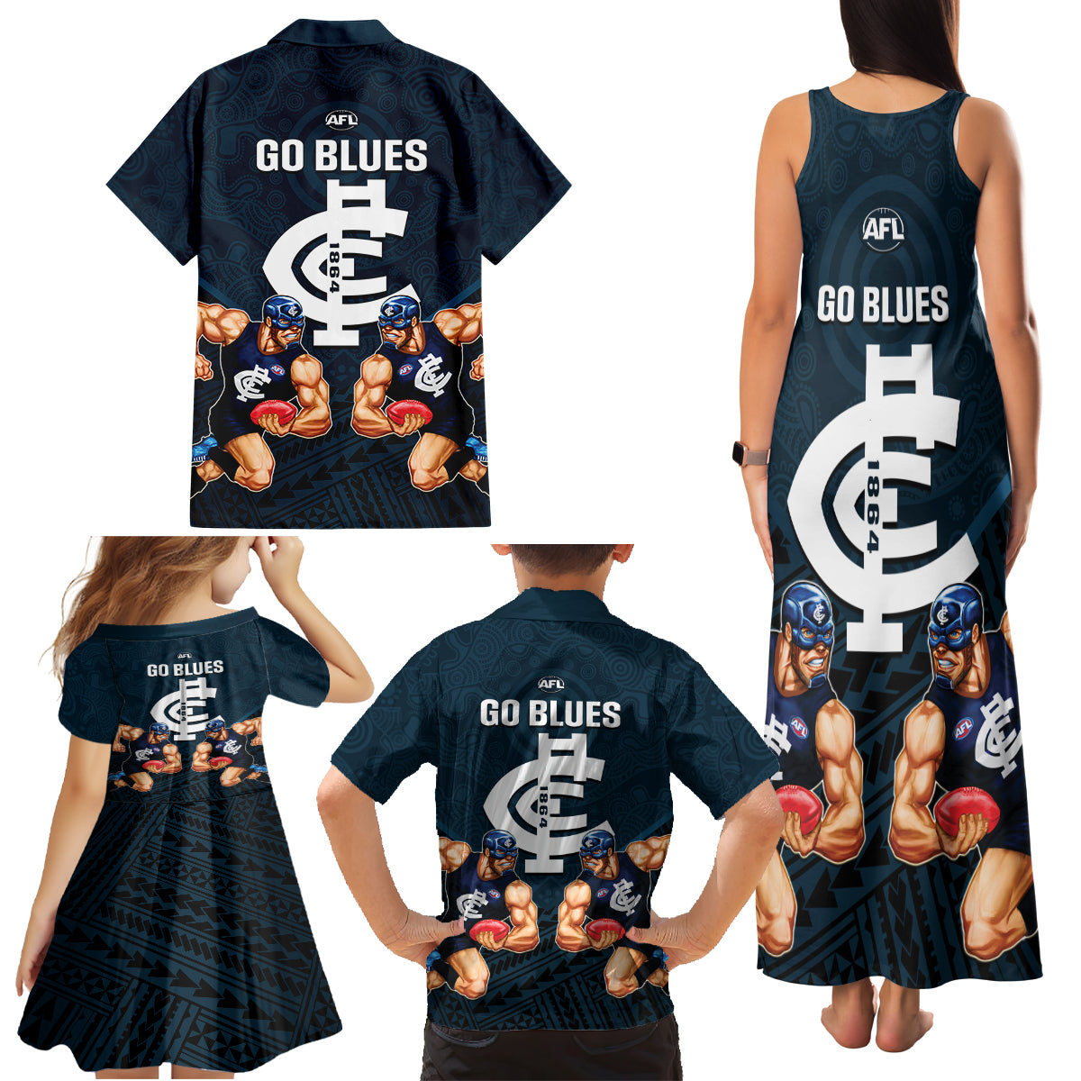 calrton-football-family-matching-tank-maxi-dress-and-hawaiian-shirt-blues-go-champions-2023-polynesian-indigenous-art