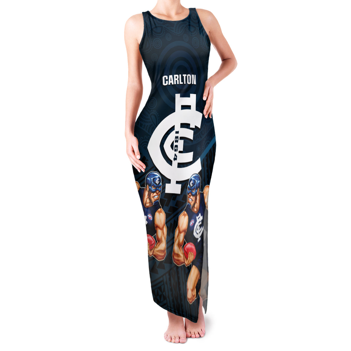 calrton-football-family-matching-tank-maxi-dress-and-hawaiian-shirt-blues-go-champions-2023-polynesian-indigenous-art