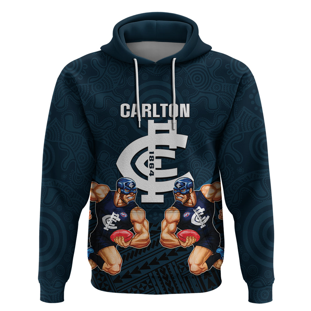 Calrton Football Hoodie Blues Go Champions 2023 Polynesian Indigenous Art - Vibe Hoodie Shop
