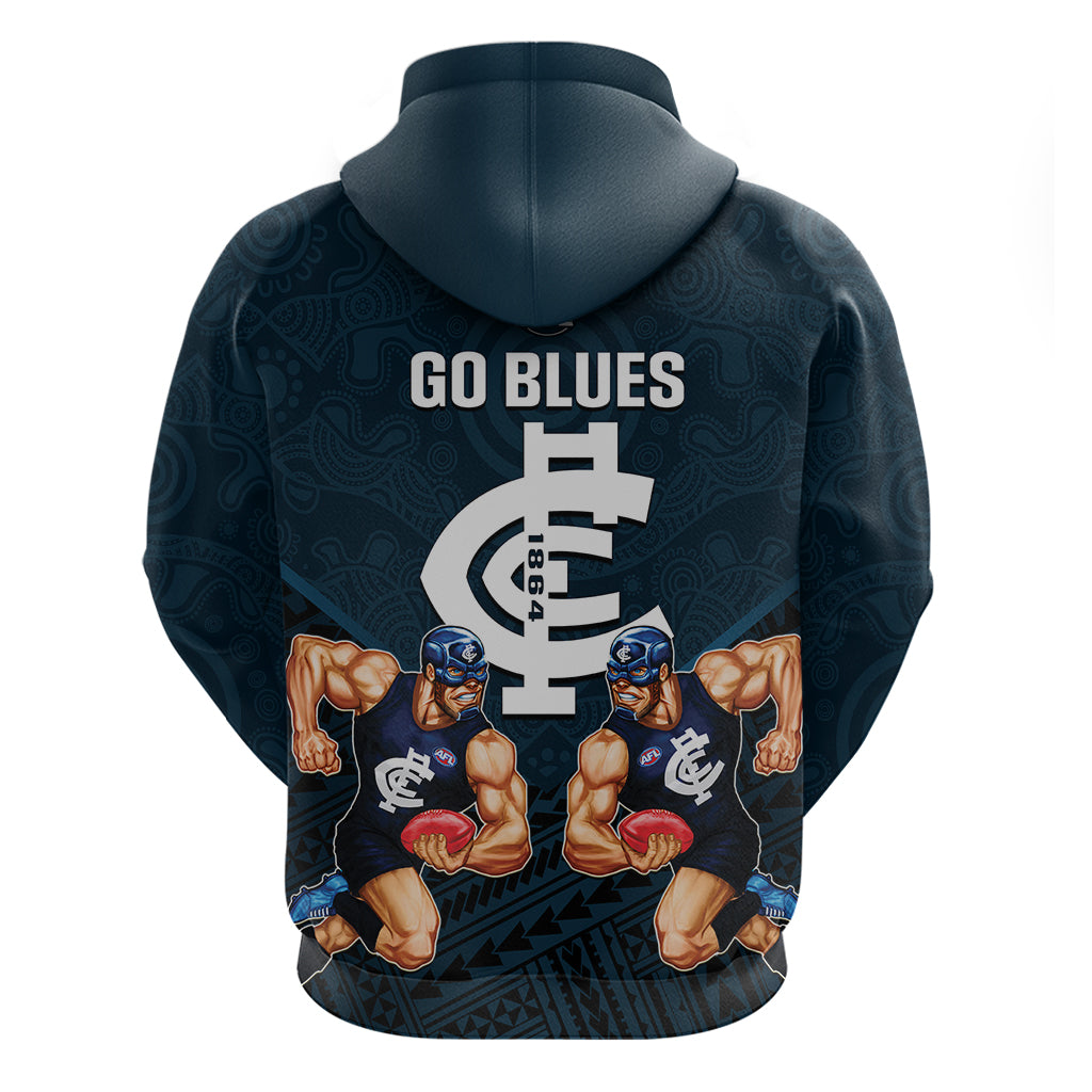 Calrton Football Hoodie Blues Go Champions 2023 Polynesian Indigenous Art - Vibe Hoodie Shop