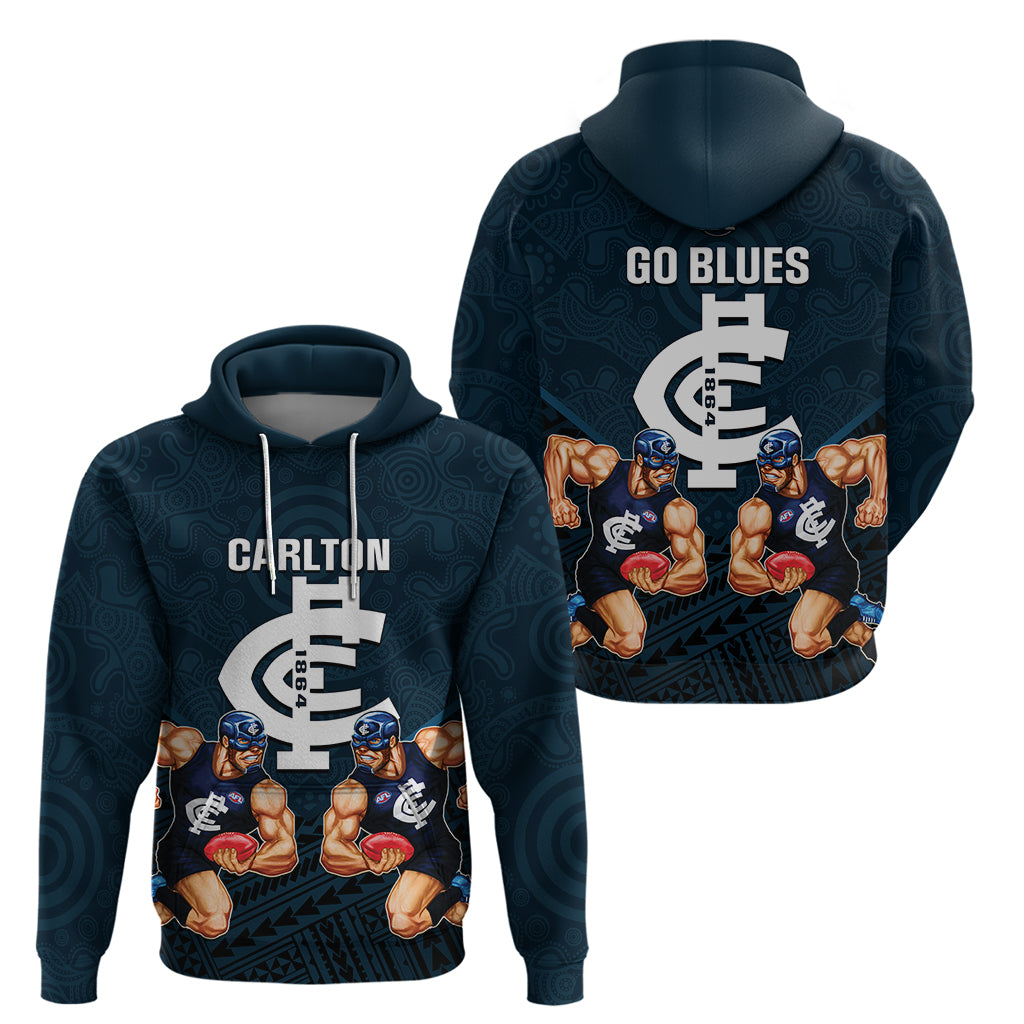 Calrton Football Hoodie Blues Go Champions 2023 Polynesian Indigenous Art - Vibe Hoodie Shop