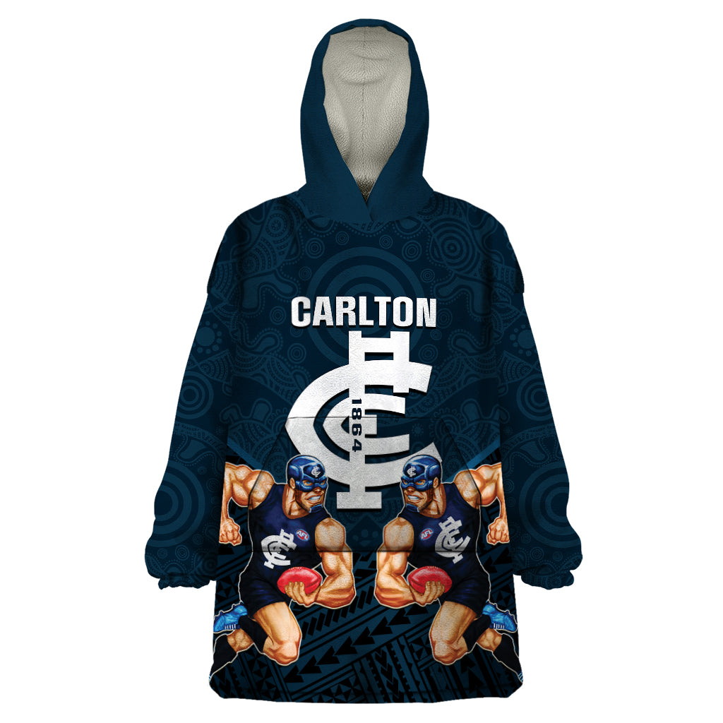 Calrton Football Wearable Blanket Hoodie Blues Go Champions 2023 Polynesian Indigenous Art - Vibe Hoodie Shop