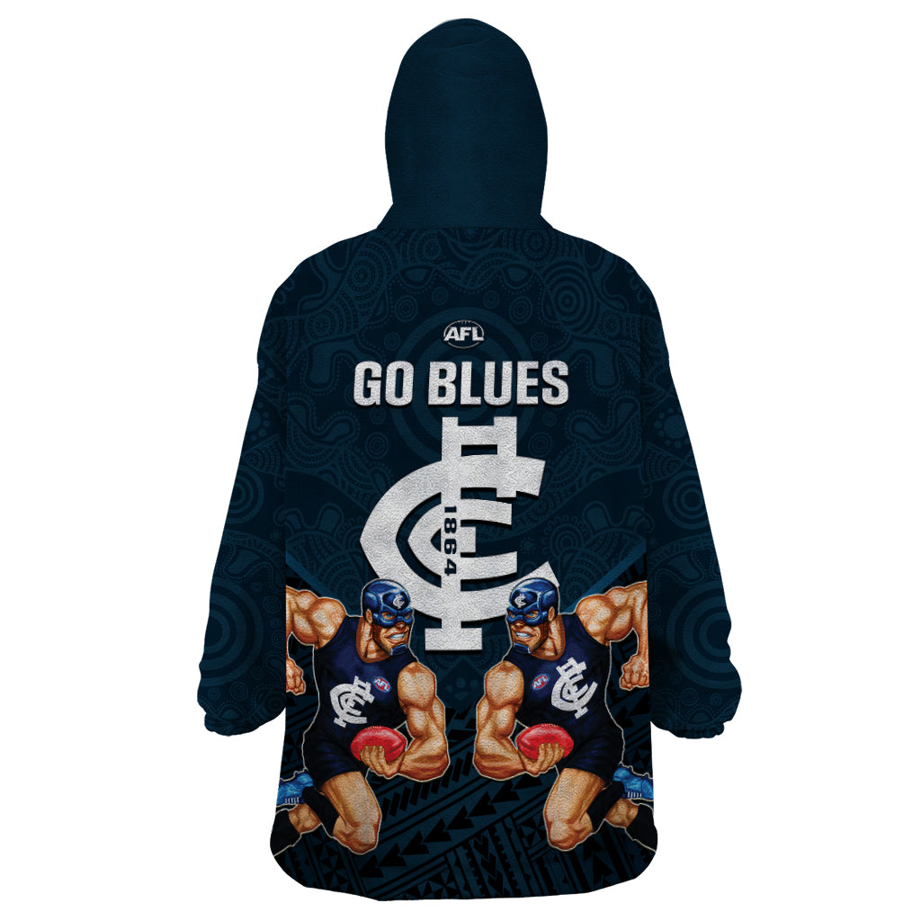 Calrton Football Wearable Blanket Hoodie Blues Go Champions 2023 Polynesian Indigenous Art - Vibe Hoodie Shop