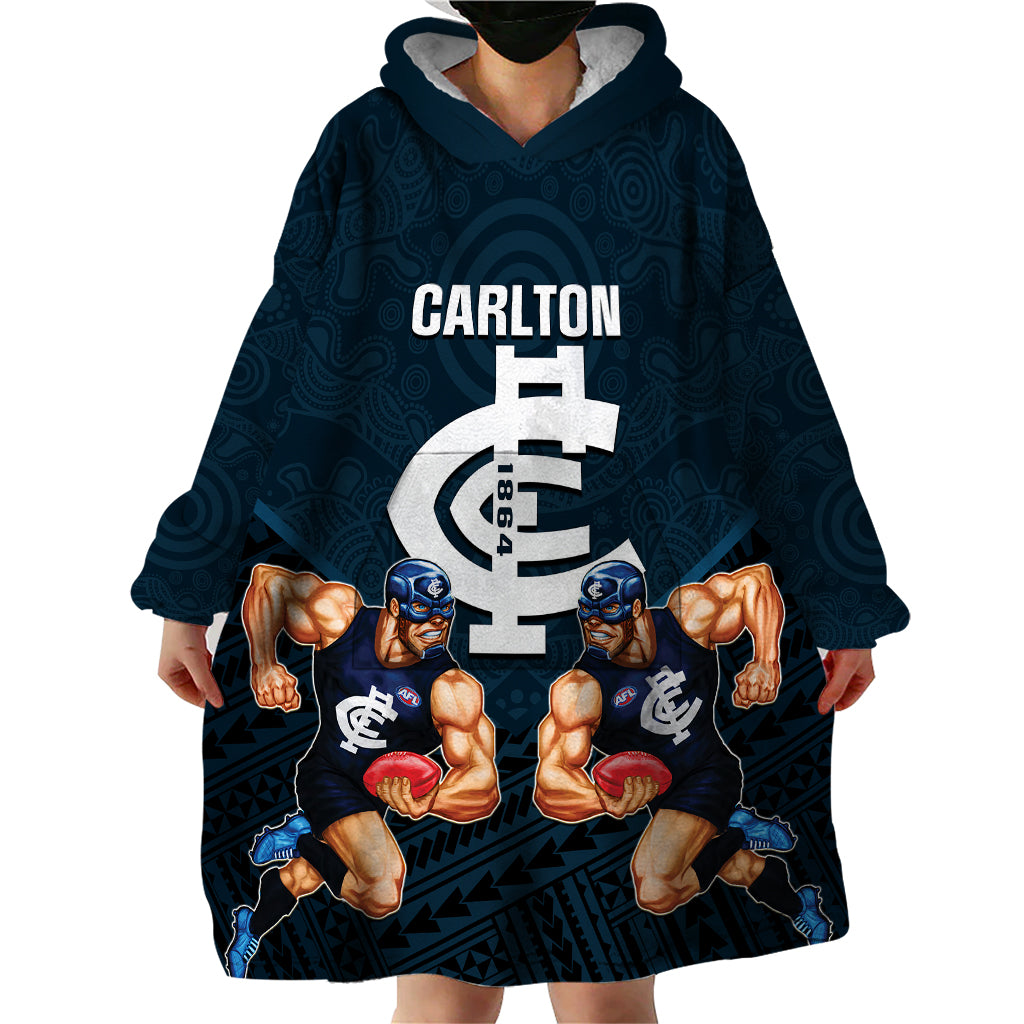 Calrton Football Wearable Blanket Hoodie Blues Go Champions 2023 Polynesian Indigenous Art - Vibe Hoodie Shop