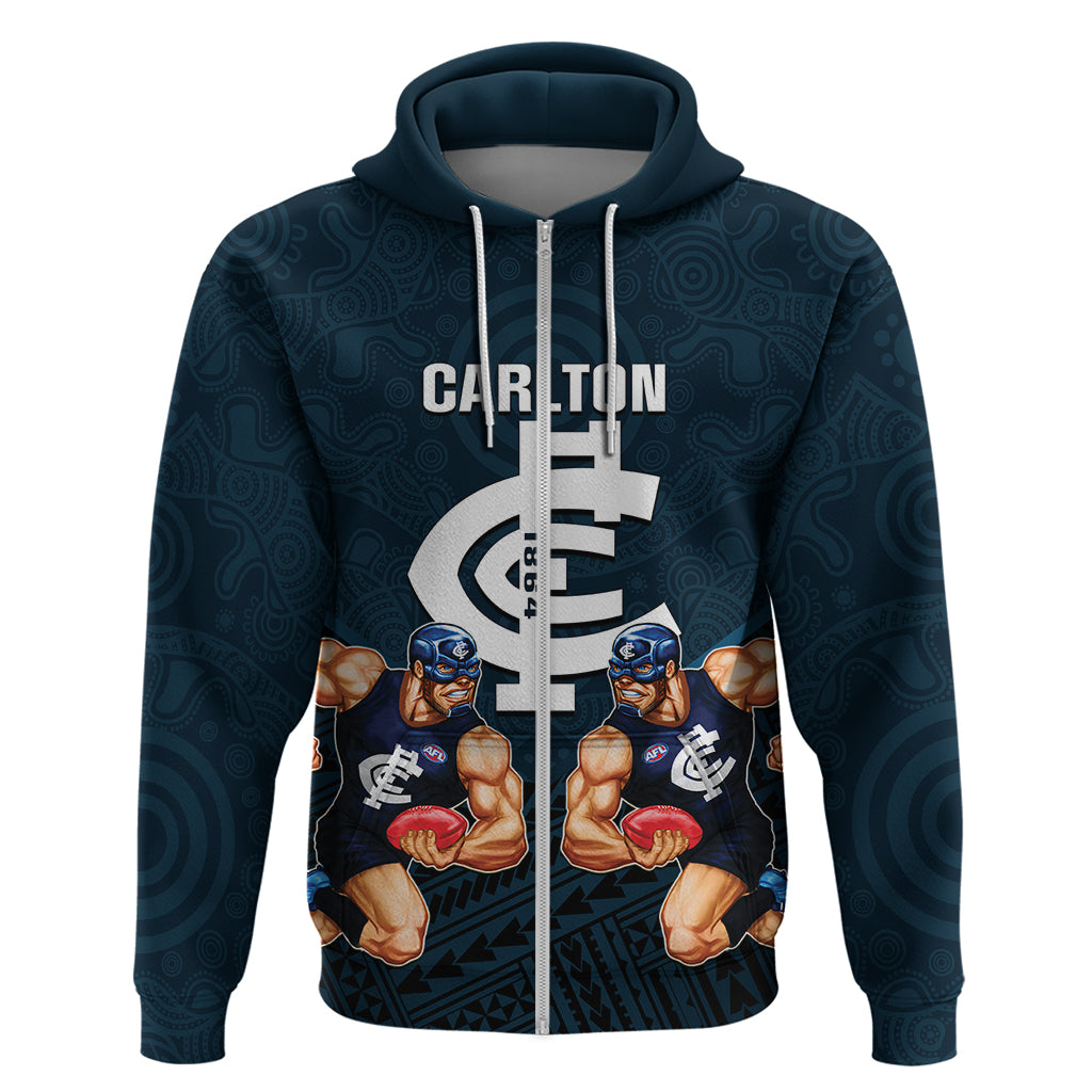 Personalised Calrton Football Hoodie Blues Go Champions 2023 Polynesian Indigenous Art - Vibe Hoodie Shop