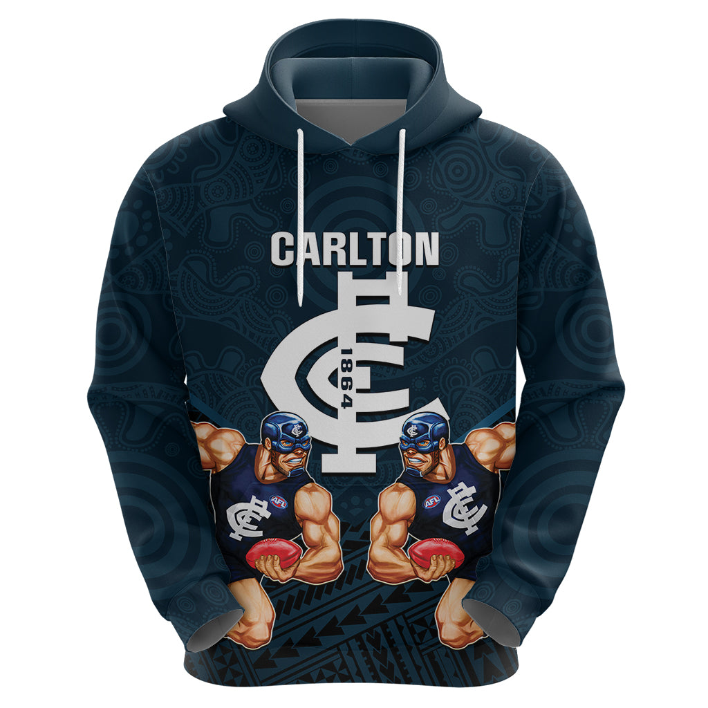 Personalised Calrton Football Hoodie Blues Go Champions 2023 Polynesian Indigenous Art - Vibe Hoodie Shop