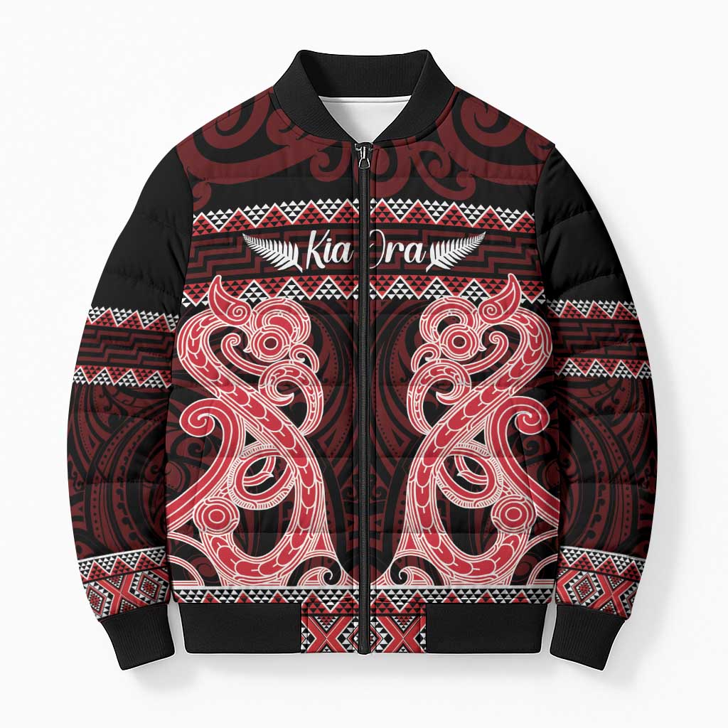 Kia Ora New Zealand Bomber Puffer Jacket Maori Language Week Whero Taniko Motif - Vibe Hoodie