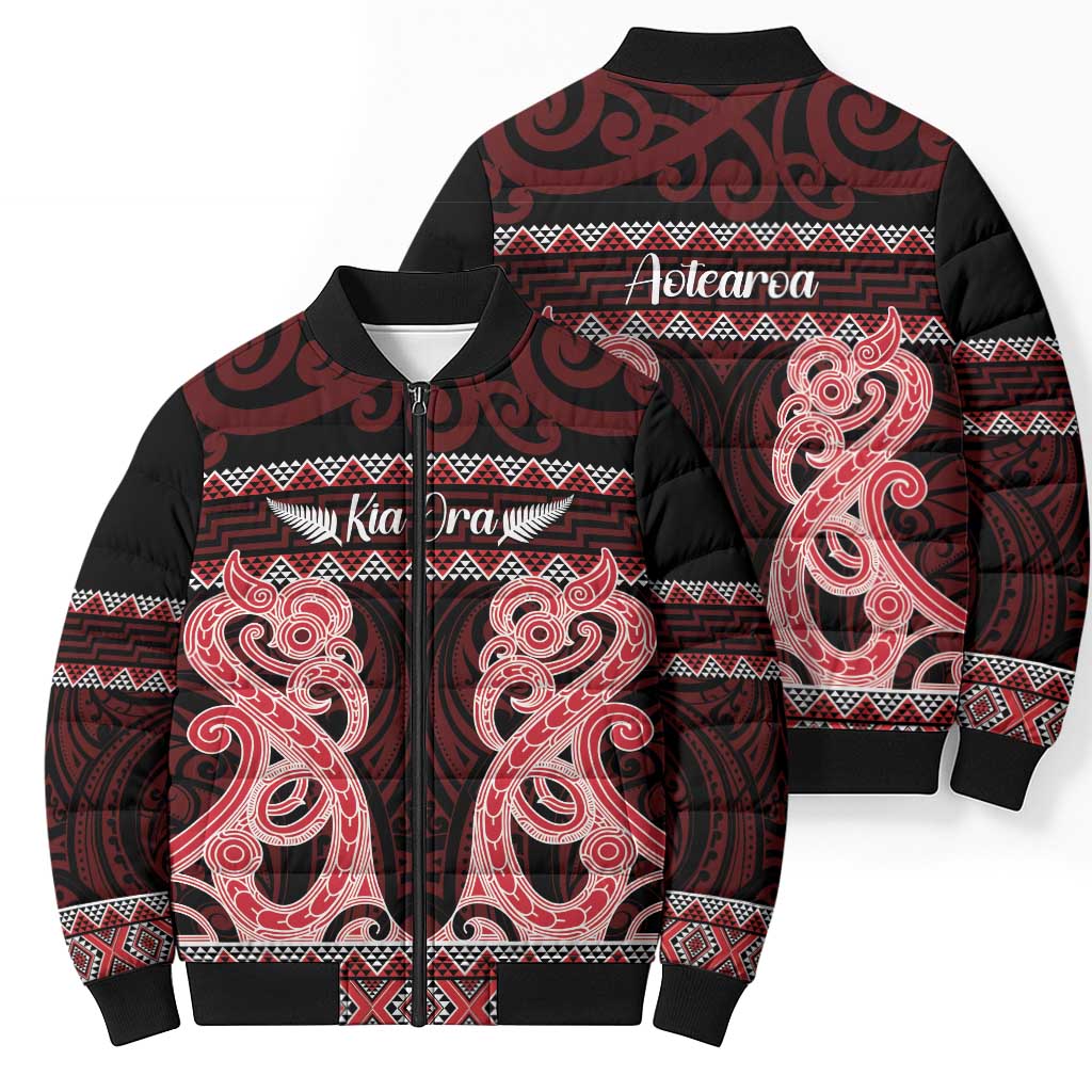 Kia Ora New Zealand Bomber Puffer Jacket Maori Language Week Whero Taniko Motif - Vibe Hoodie