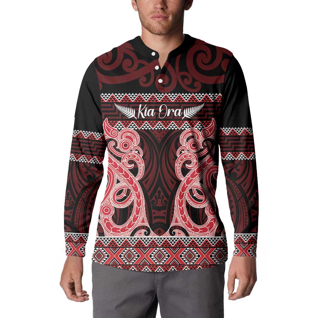 Kia Ora New Zealand Button Sweatshirt Maori Language Week Whero Taniko Motif - Vibe Hoodie