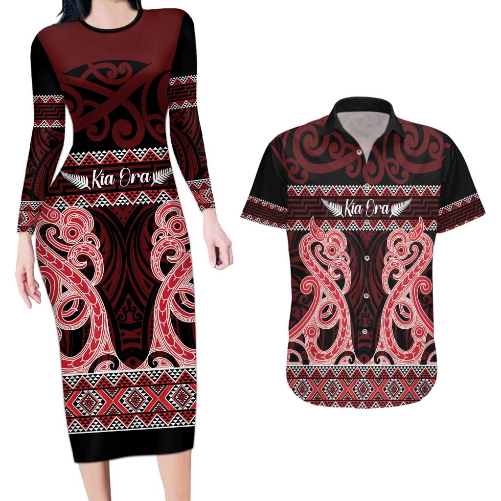 Kia Ora New Zealand Couples Matching Long Sleeve Bodycon Dress and Hawaiian Shirt Maori Language Week Whero Taniko Motif - Vibe Hoodie