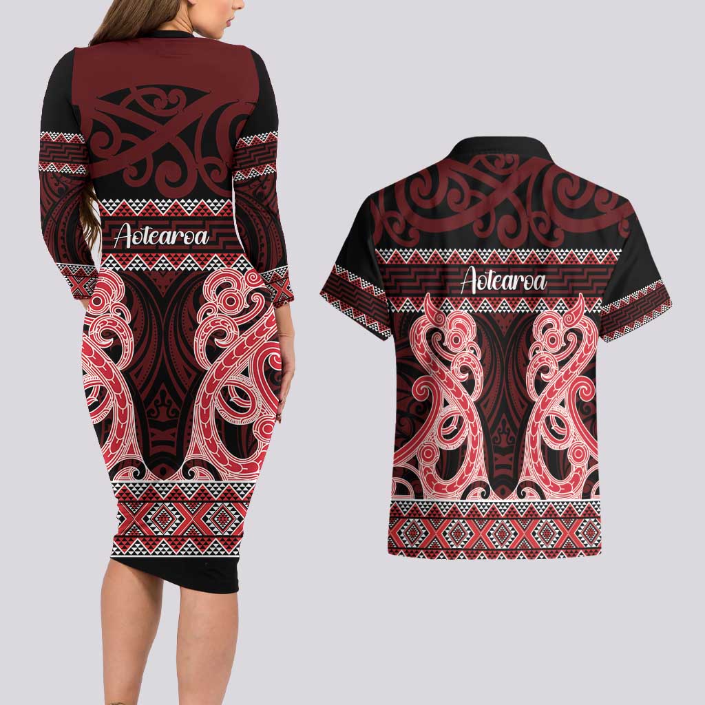 Kia Ora New Zealand Couples Matching Long Sleeve Bodycon Dress and Hawaiian Shirt Maori Language Week Whero Taniko Motif - Vibe Hoodie
