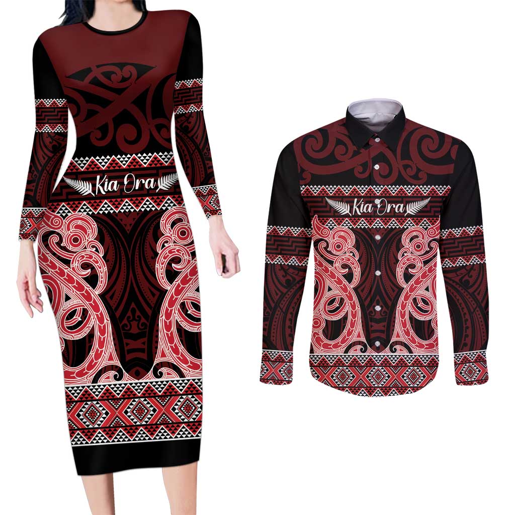 Kia Ora New Zealand Couples Matching Long Sleeve Bodycon Dress and Long Sleeve Button Shirt Maori Language Week Whero Taniko Motif - Vibe Hoodie
