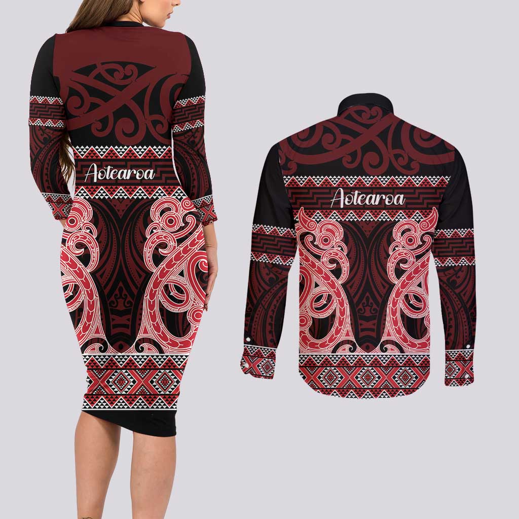 Kia Ora New Zealand Couples Matching Long Sleeve Bodycon Dress and Long Sleeve Button Shirt Maori Language Week Whero Taniko Motif - Vibe Hoodie