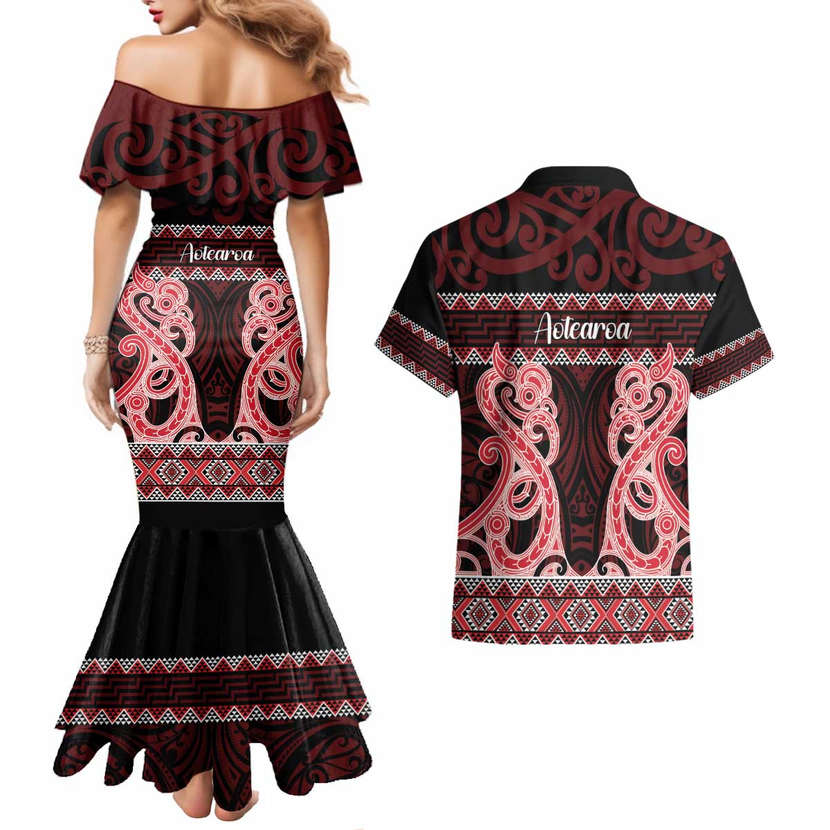 Kia Ora New Zealand Couples Matching Mermaid Dress and Hawaiian Shirt Maori Language Week Whero Taniko Motif - Vibe Hoodie