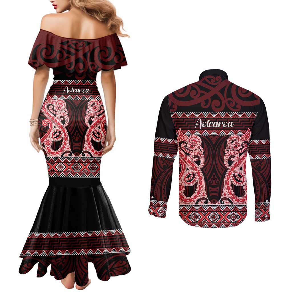 Kia Ora New Zealand Couples Matching Mermaid Dress and Long Sleeve Button Shirt Maori Language Week Whero Taniko Motif - Vibe Hoodie