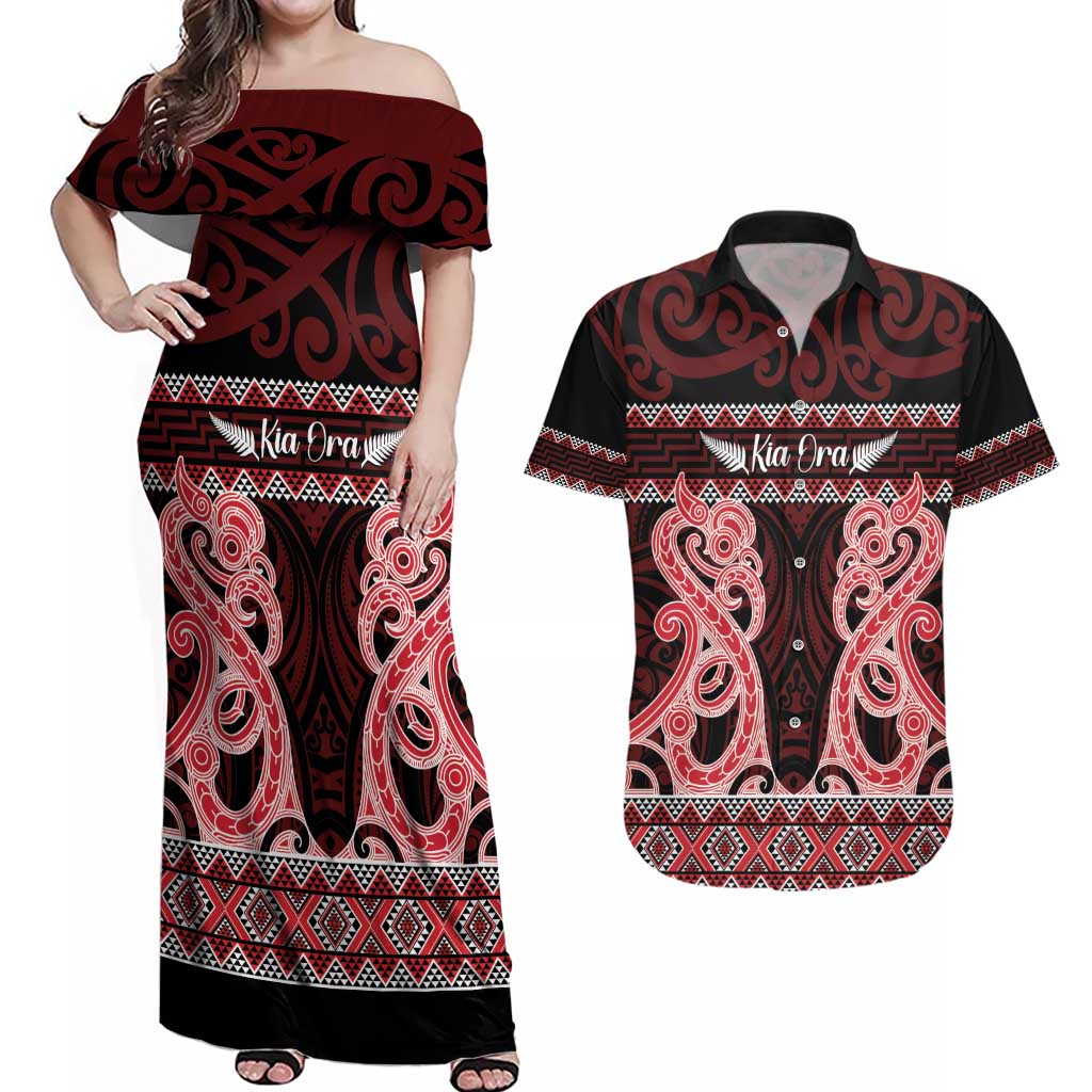Kia Ora New Zealand Couples Matching Off Shoulder Maxi Dress and Hawaiian Shirt Maori Language Week Whero Taniko Motif - Vibe Hoodie