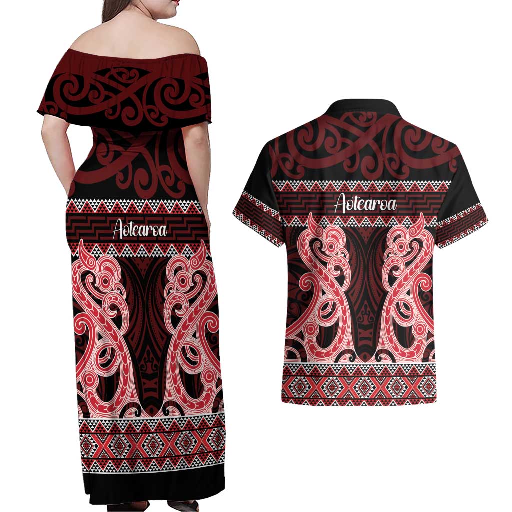 Kia Ora New Zealand Couples Matching Off Shoulder Maxi Dress and Hawaiian Shirt Maori Language Week Whero Taniko Motif - Vibe Hoodie