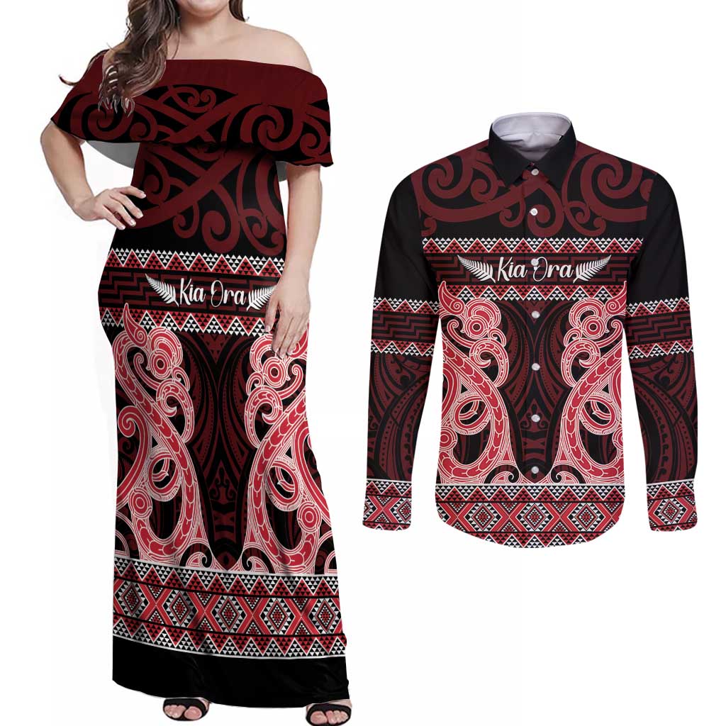 Kia Ora New Zealand Couples Matching Off Shoulder Maxi Dress and Long Sleeve Button Shirt Maori Language Week Whero Taniko Motif - Vibe Hoodie