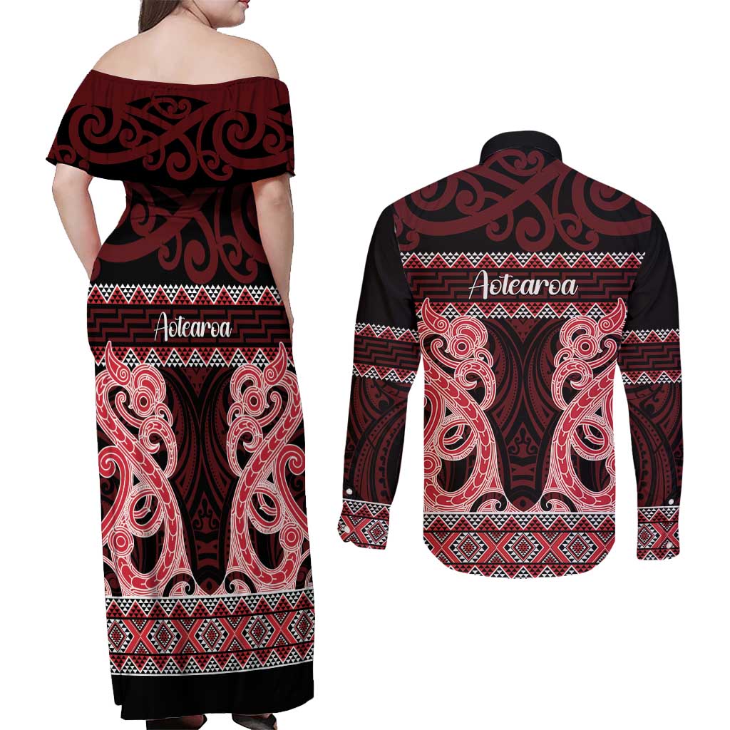 Kia Ora New Zealand Couples Matching Off Shoulder Maxi Dress and Long Sleeve Button Shirt Maori Language Week Whero Taniko Motif - Vibe Hoodie