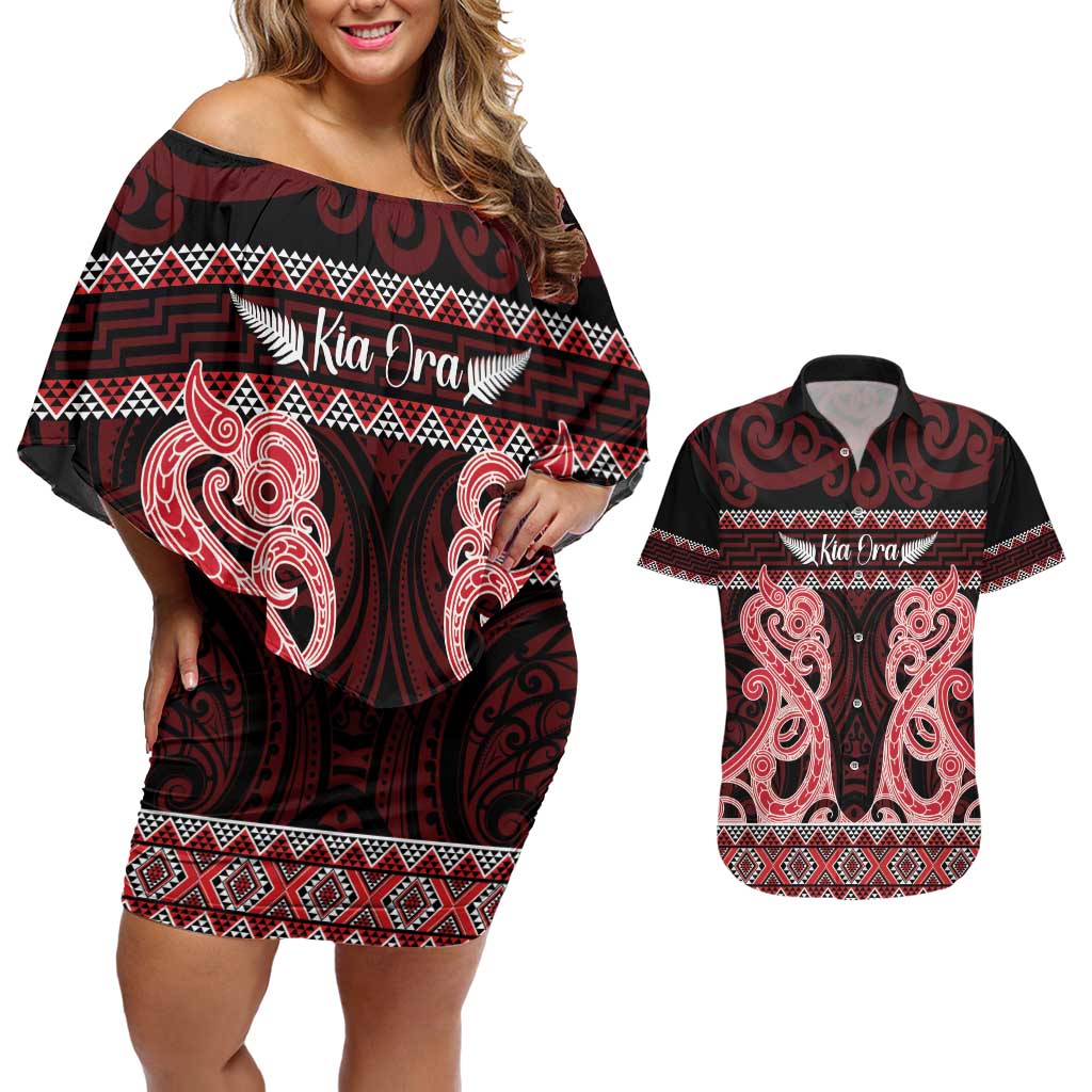 Kia Ora New Zealand Couples Matching Off Shoulder Short Dress and Hawaiian Shirt Maori Language Week Whero Taniko Motif - Vibe Hoodie