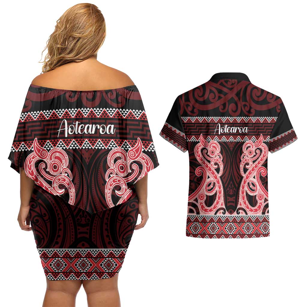 Kia Ora New Zealand Couples Matching Off Shoulder Short Dress and Hawaiian Shirt Maori Language Week Whero Taniko Motif - Vibe Hoodie