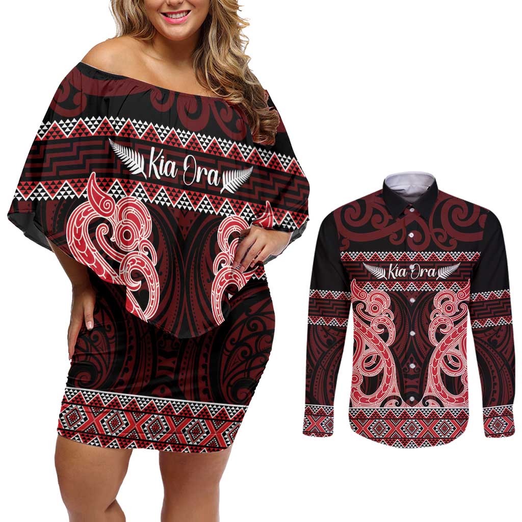 Kia Ora New Zealand Couples Matching Off Shoulder Short Dress and Long Sleeve Button Shirt Maori Language Week Whero Taniko Motif - Vibe Hoodie