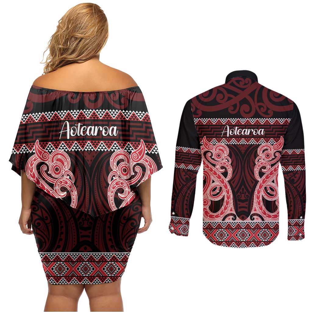 Kia Ora New Zealand Couples Matching Off Shoulder Short Dress and Long Sleeve Button Shirt Maori Language Week Whero Taniko Motif - Vibe Hoodie