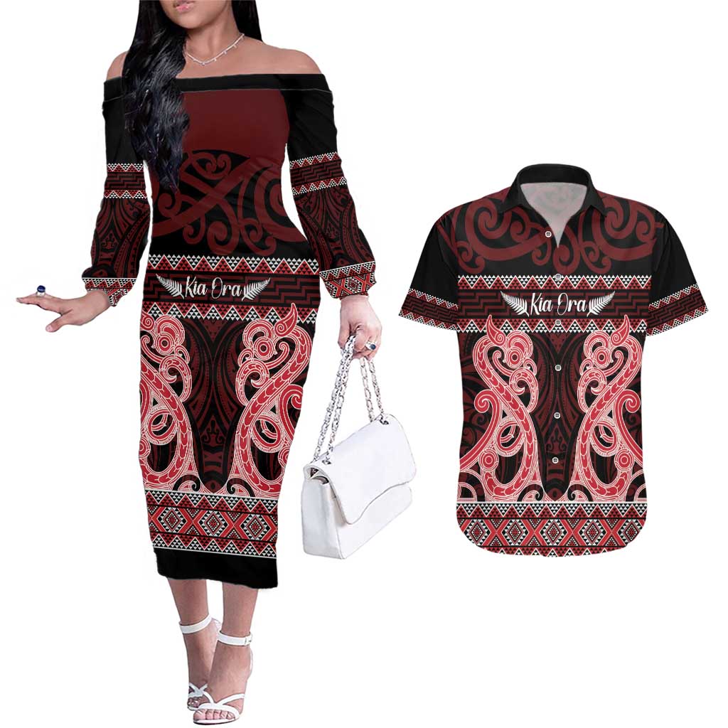 Kia Ora New Zealand Couples Matching Off The Shoulder Long Sleeve Dress and Hawaiian Shirt Maori Language Week Whero Taniko Motif - Vibe Hoodie
