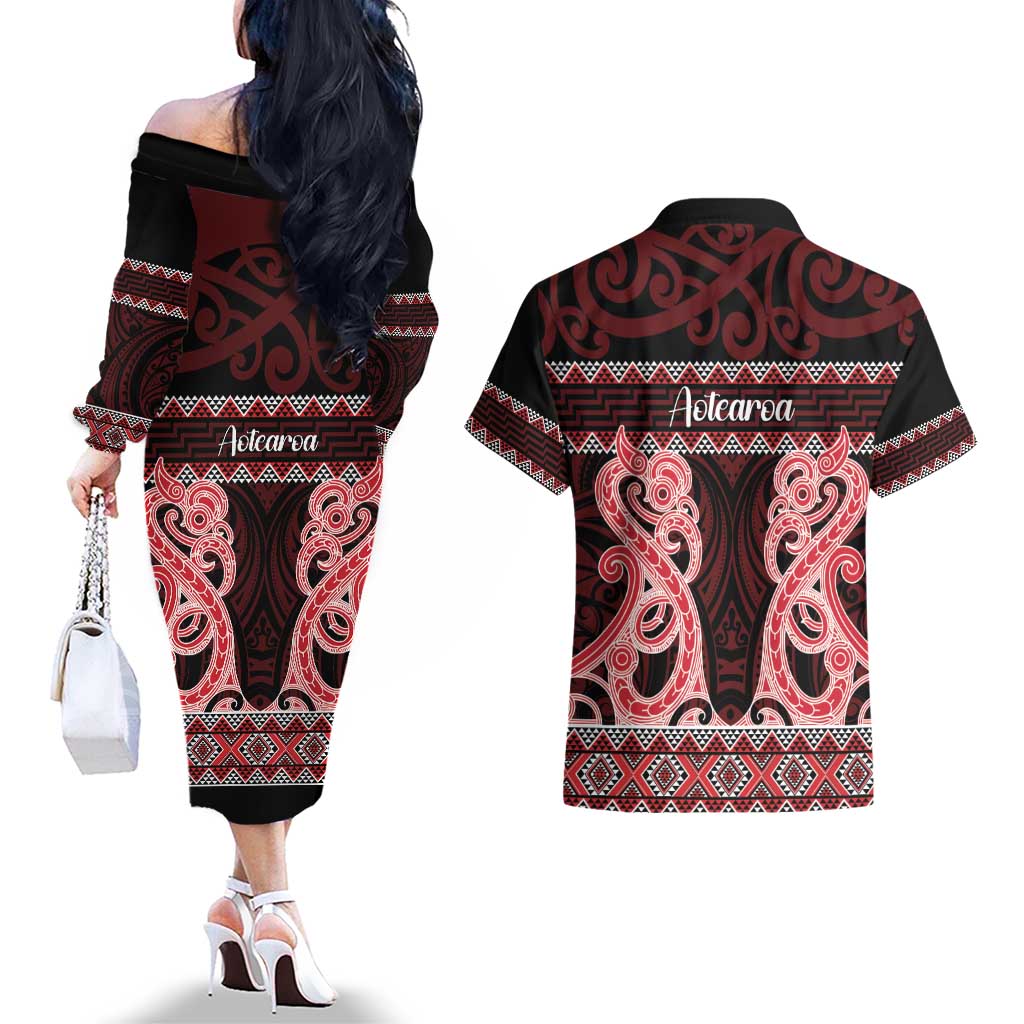 Kia Ora New Zealand Couples Matching Off The Shoulder Long Sleeve Dress and Hawaiian Shirt Maori Language Week Whero Taniko Motif - Vibe Hoodie