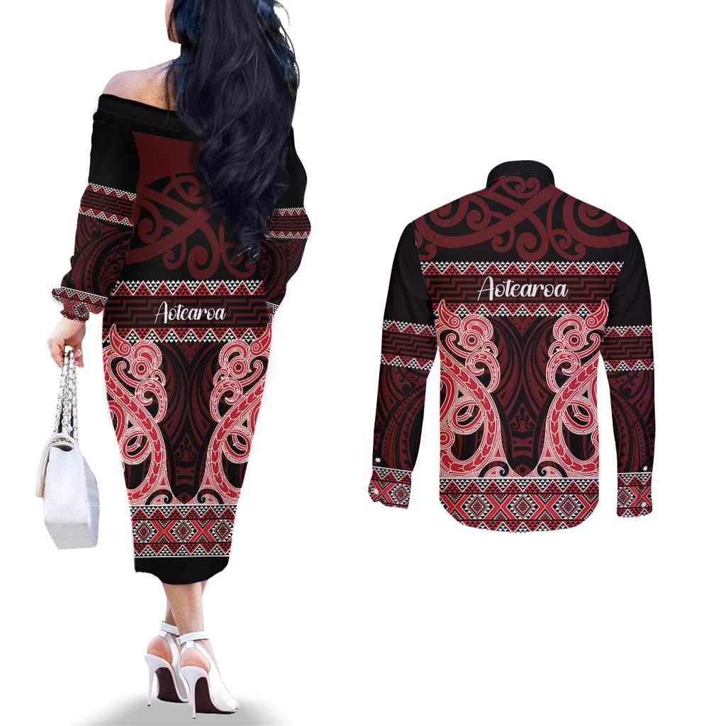 Kia Ora New Zealand Couples Matching Off The Shoulder Long Sleeve Dress and Long Sleeve Button Shirt Maori Language Week Whero Taniko Motif - Vibe Hoodie