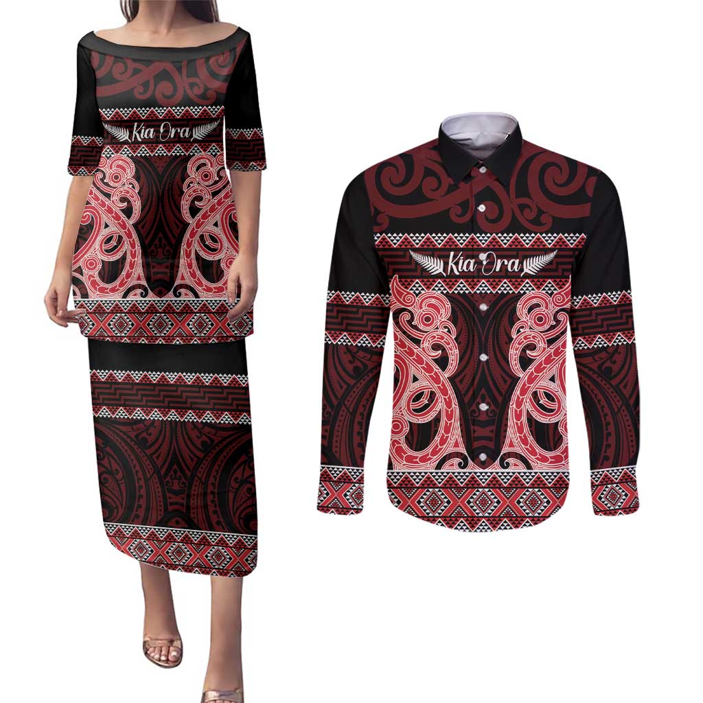 Kia Ora New Zealand Couples Matching Puletasi and Long Sleeve Button Shirt Maori Language Week Whero Taniko Motif - Vibe Hoodie
