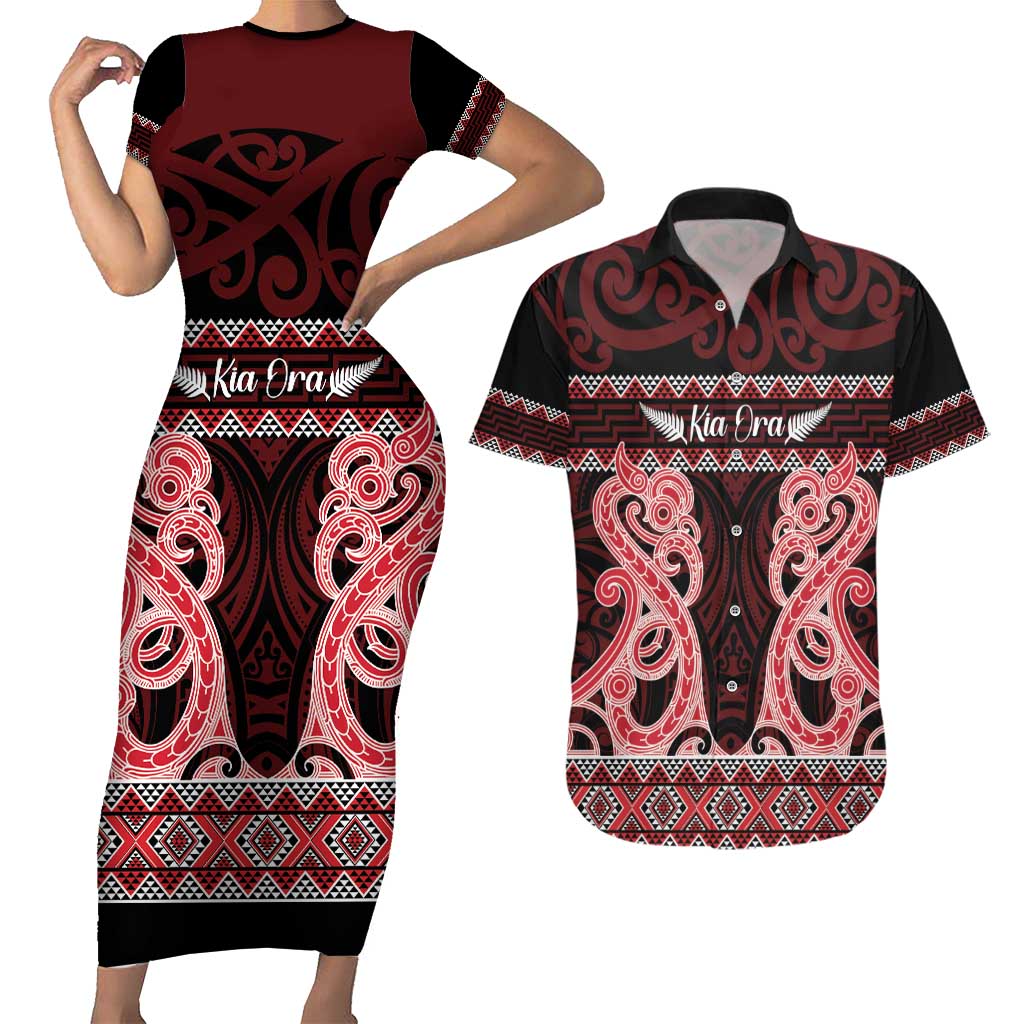Kia Ora New Zealand Couples Matching Short Sleeve Bodycon Dress and Hawaiian Shirt Maori Language Week Whero Taniko Motif - Vibe Hoodie