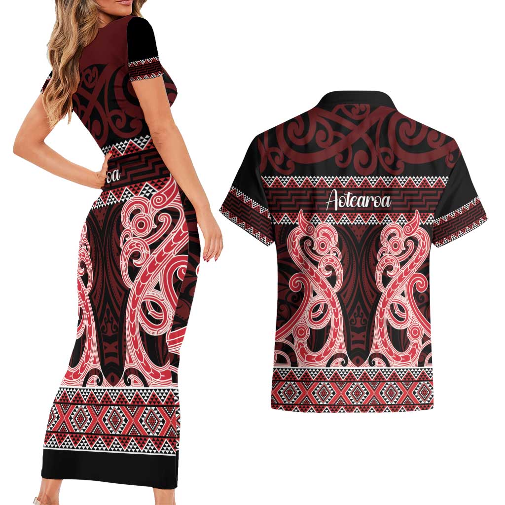 Kia Ora New Zealand Couples Matching Short Sleeve Bodycon Dress and Hawaiian Shirt Maori Language Week Whero Taniko Motif - Vibe Hoodie