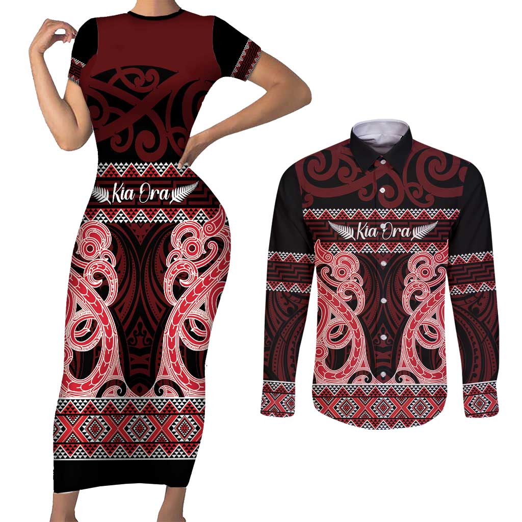 Kia Ora New Zealand Couples Matching Short Sleeve Bodycon Dress and Long Sleeve Button Shirt Maori Language Week Whero Taniko Motif - Vibe Hoodie