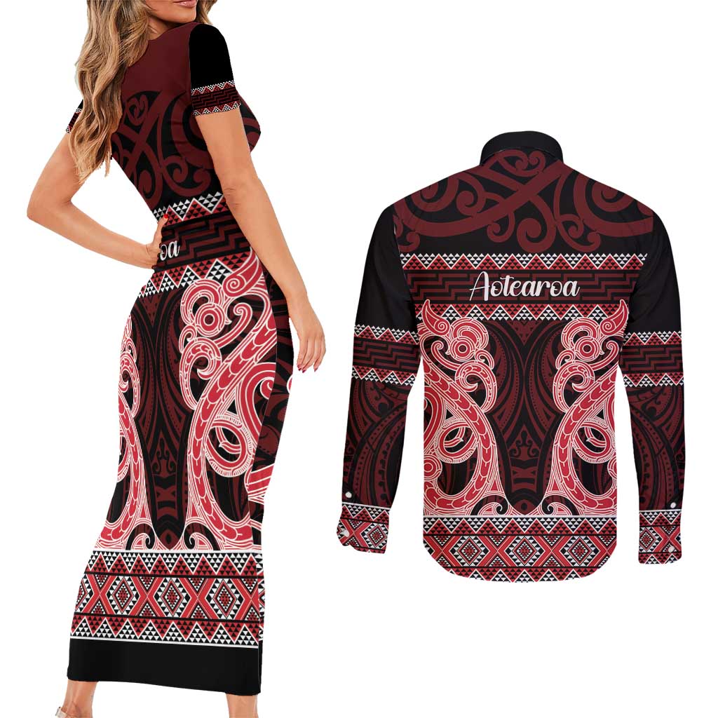 Kia Ora New Zealand Couples Matching Short Sleeve Bodycon Dress and Long Sleeve Button Shirt Maori Language Week Whero Taniko Motif - Vibe Hoodie