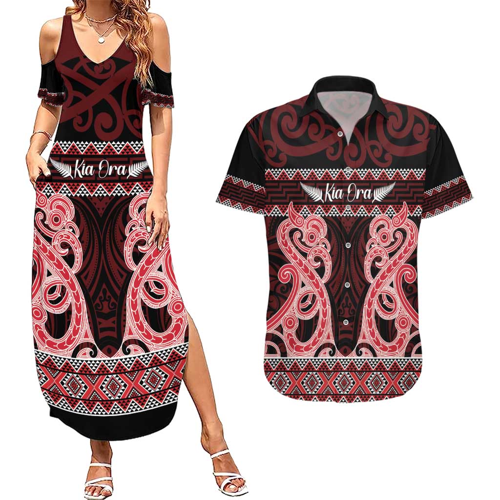 Kia Ora New Zealand Couples Matching Summer Maxi Dress and Hawaiian Shirt Maori Language Week Whero Taniko Motif - Vibe Hoodie