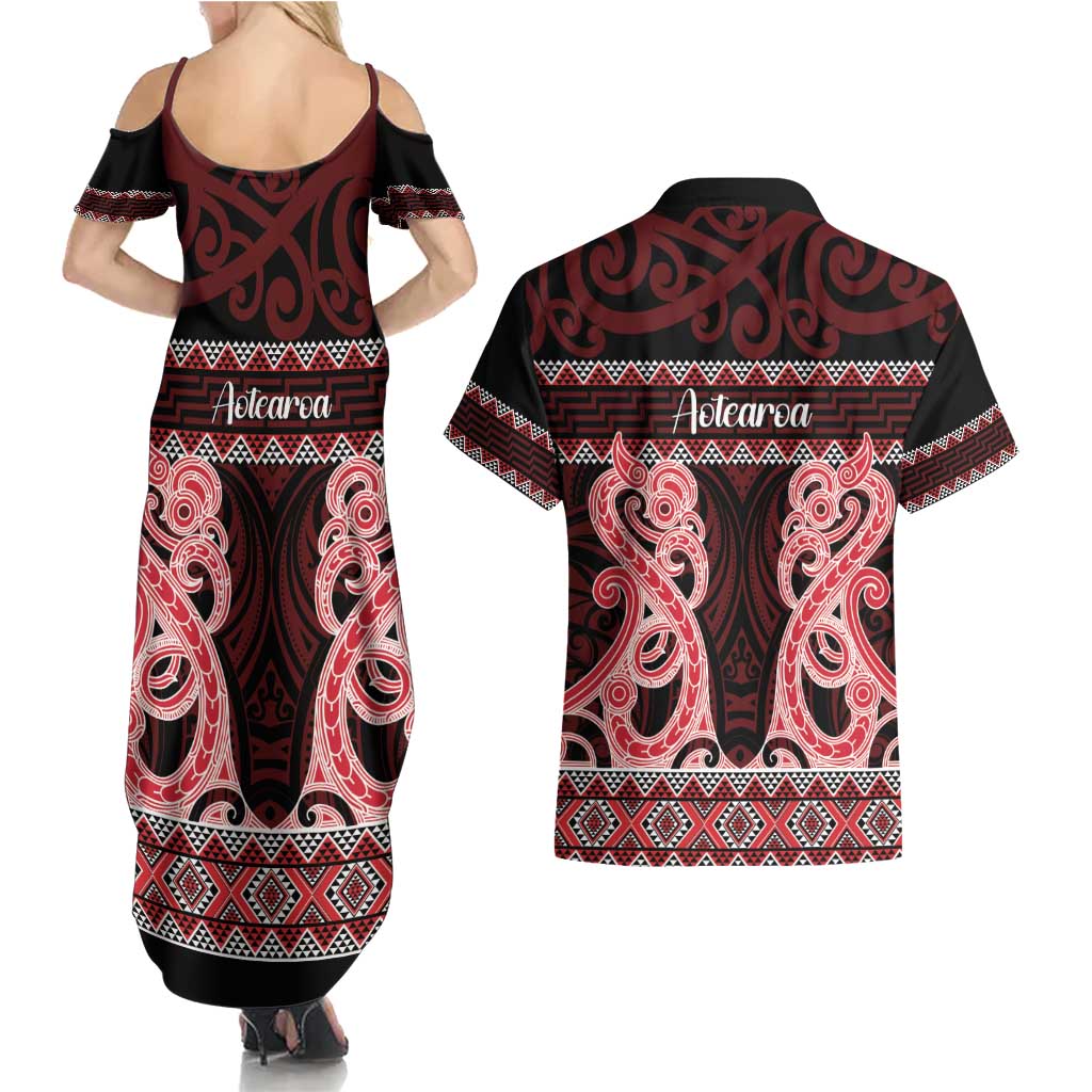 Kia Ora New Zealand Couples Matching Summer Maxi Dress and Hawaiian Shirt Maori Language Week Whero Taniko Motif - Vibe Hoodie