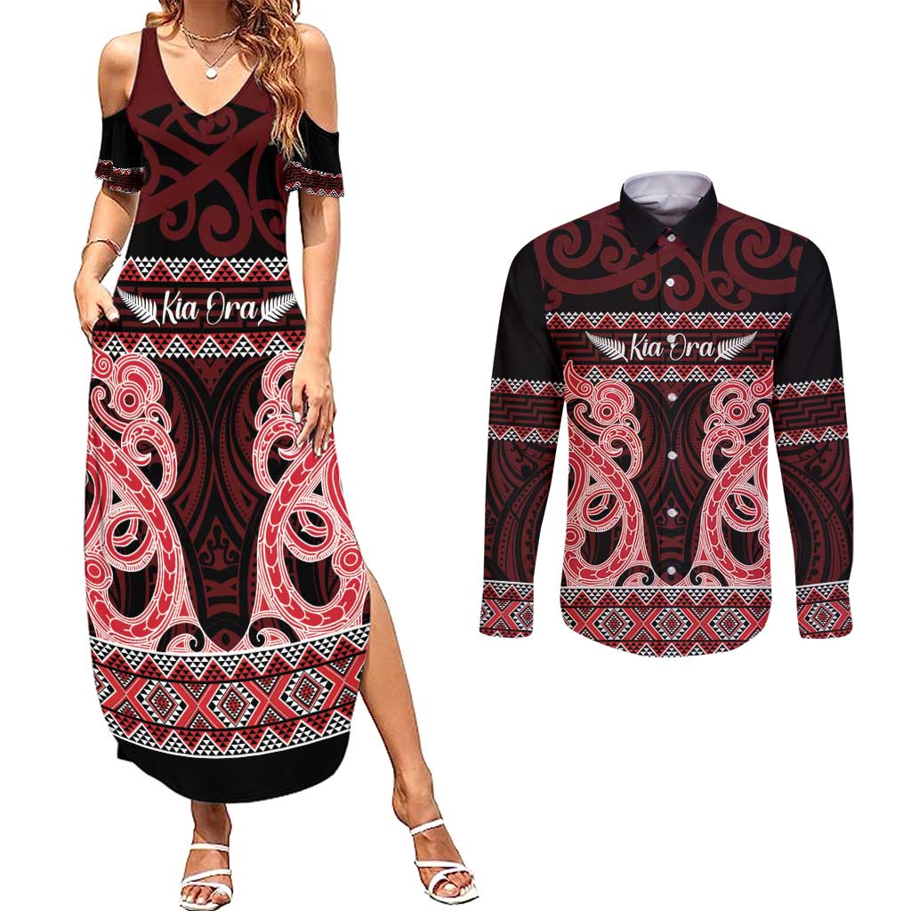 Kia Ora New Zealand Couples Matching Summer Maxi Dress and Long Sleeve Button Shirt Maori Language Week Whero Taniko Motif - Vibe Hoodie