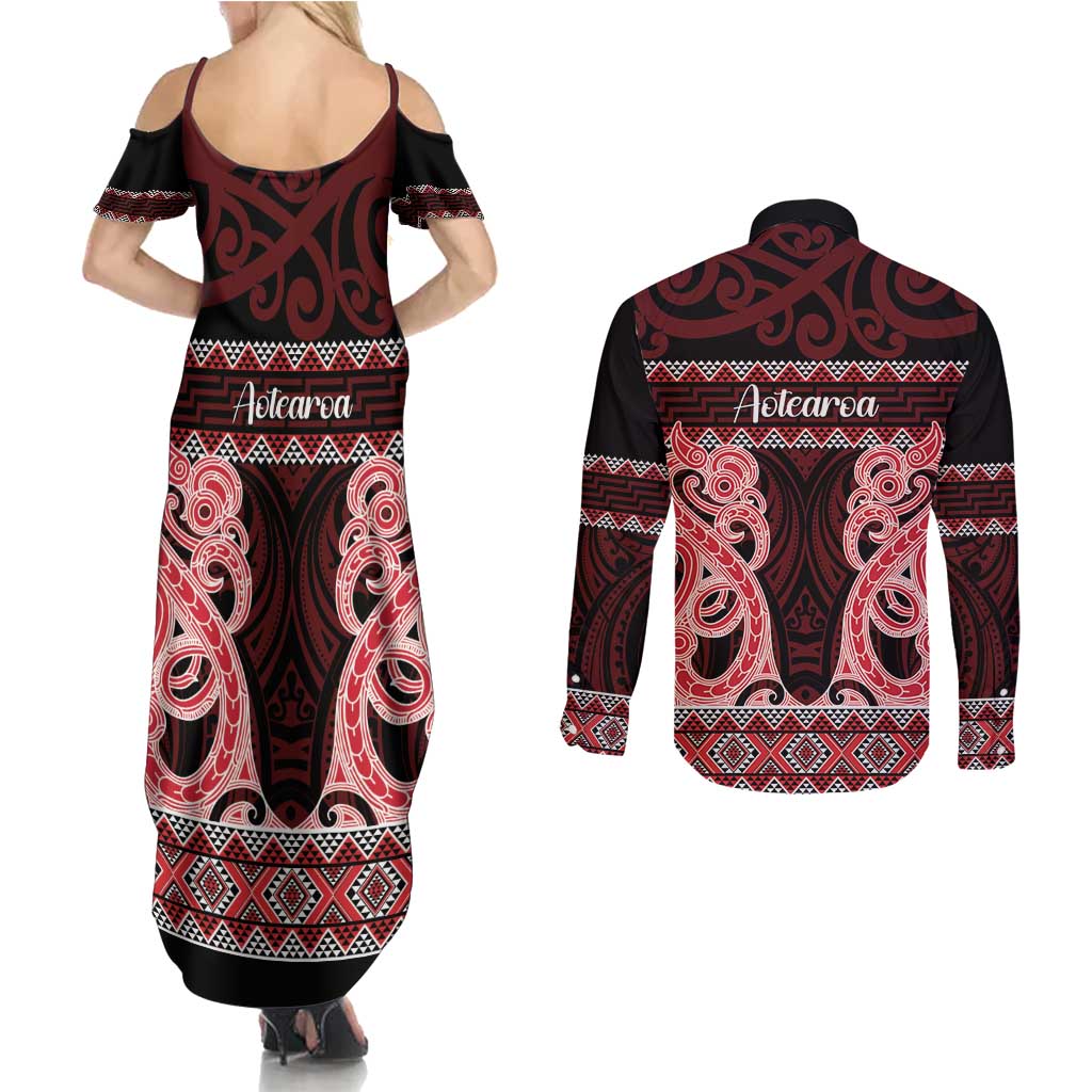 Kia Ora New Zealand Couples Matching Summer Maxi Dress and Long Sleeve Button Shirt Maori Language Week Whero Taniko Motif - Vibe Hoodie