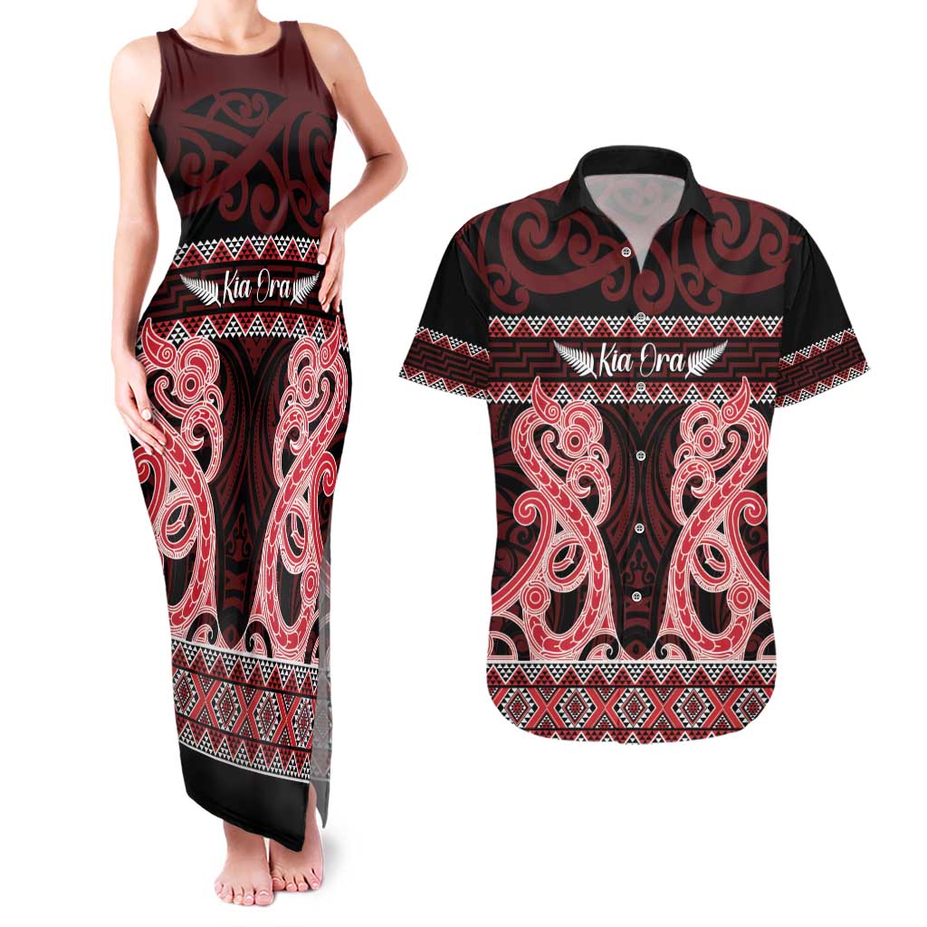 Kia Ora New Zealand Couples Matching Tank Maxi Dress and Hawaiian Shirt Maori Language Week Whero Taniko Motif - Vibe Hoodie