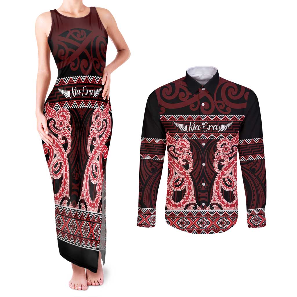 Kia Ora New Zealand Couples Matching Tank Maxi Dress and Long Sleeve Button Shirt Maori Language Week Whero Taniko Motif - Vibe Hoodie