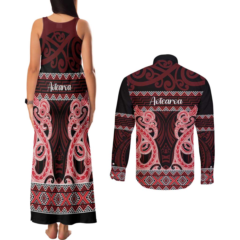 Kia Ora New Zealand Couples Matching Tank Maxi Dress and Long Sleeve Button Shirt Maori Language Week Whero Taniko Motif - Vibe Hoodie