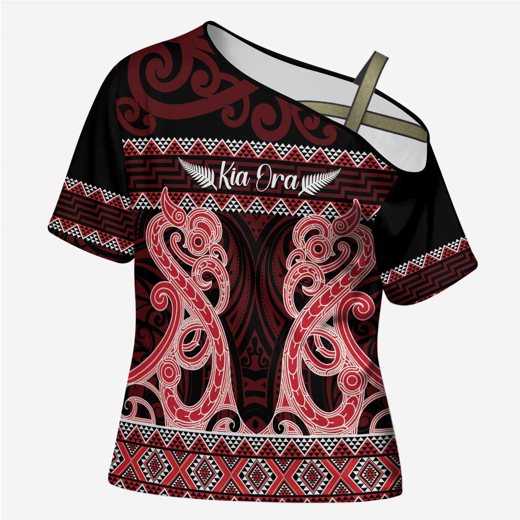 Kia Ora New Zealand Cross Shoulder Shirt Maori Language Week Whero Taniko Motif - Vibe Hoodie
